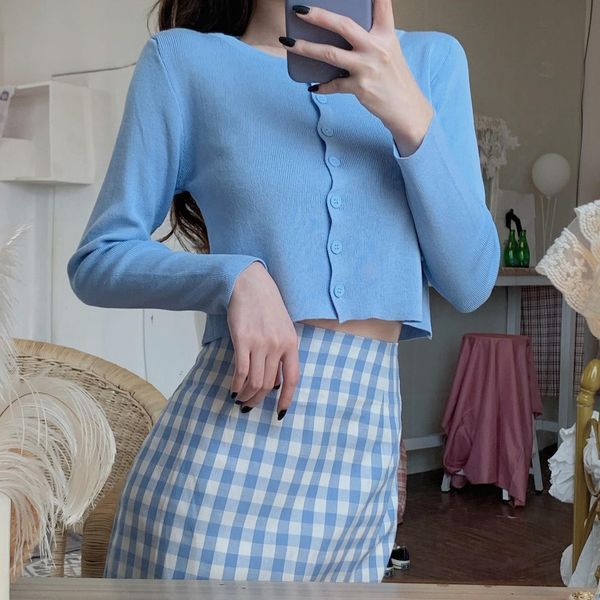 

women o-neck knitted full sleeve cropped sweaters cardigans lady knit short stretchy thin summer knitwear for female, White;black