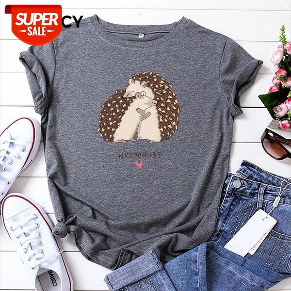 

jfuncy 2020 summer t-shirt plus size women t shirt 100% cotton woman tee cute hedgehog hug print female short sleeve tshirt #4g6c, White