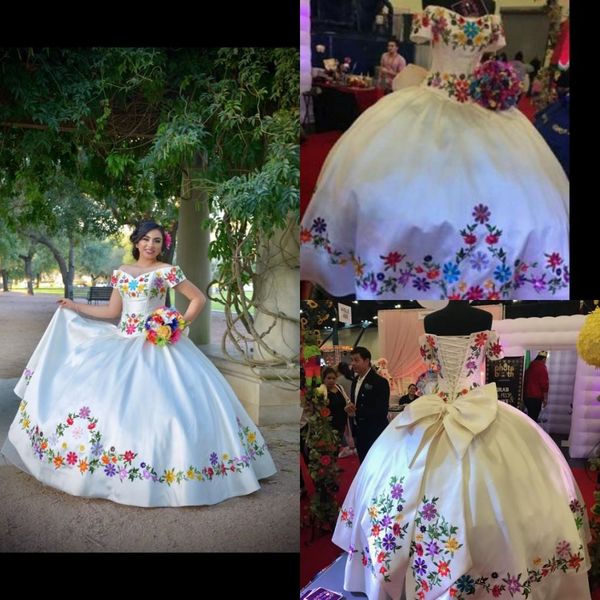 Branco cetim bordado quinceanera vestidos tema mexicano vestidos de novia fora do ombro arco espartilho volta doce 15 vestido de baile b295m