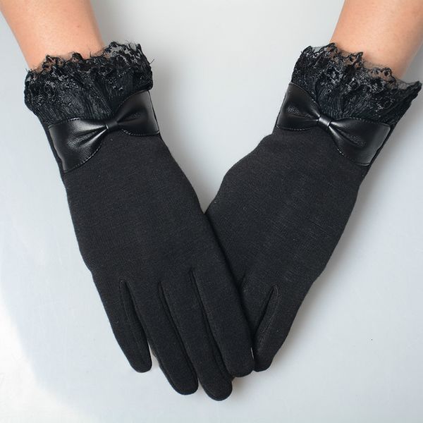 

new fashion touch screen warm lace women elegant autumn winter long full finger glove mittens bow decorations gloves