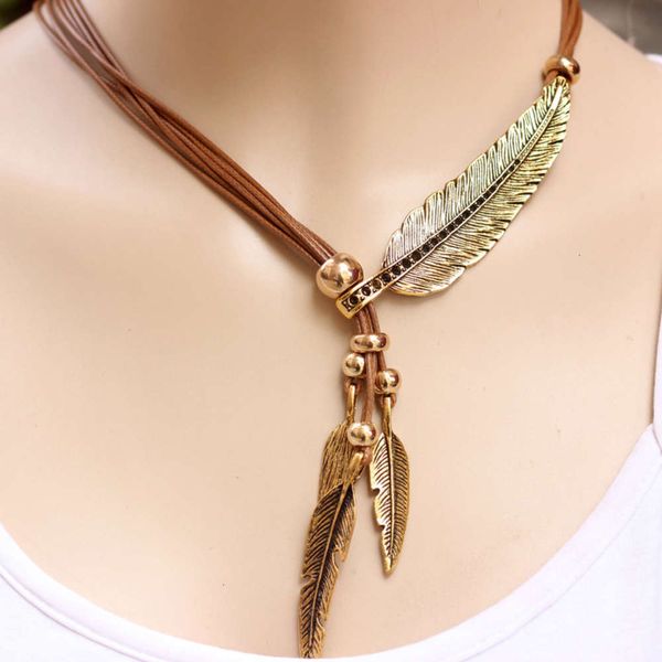 

multi layer new three color rope feather necklace leaf tassel women's sweater chain necklace, Silver