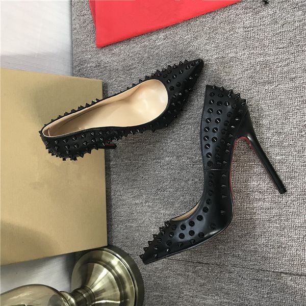 

nude patent leather rivet spikes poined toes high heels shoes women lady genuine leather wedding shoes pumps variety of color, Black