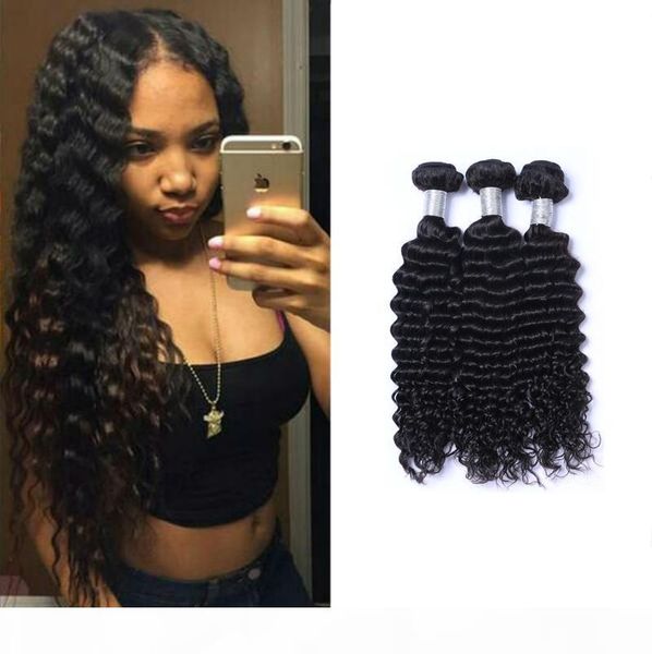 

peruvian deep wave curl 100% unprocessed human virgin hair weaves remy human hair extensions human hair weaves dyeable 3 bundles, Black