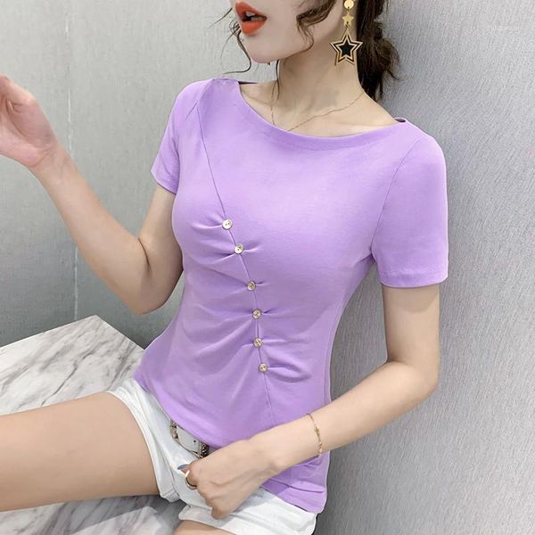 

button design 2020 nueva camiseta de mujer cotton verano manga corta casual tee tapas de mujer camiseta ropa1, White