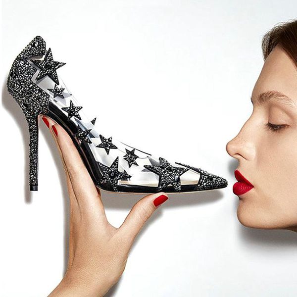 

woman elegant pointed toe lady party shoes 2021 women diamond pumps transparent pvc thin heeled female high heels wedding shoes, Black