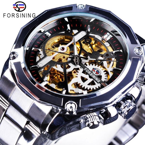

forsining 2018 new original design golden gear movement luminous skeleton mens automatic sport wrist watches brand luxury, Slivery;brown
