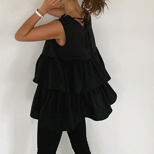 

2021 new blouse black sleeveless summer round neck ruffles style loose women female shirts blouses j764, White