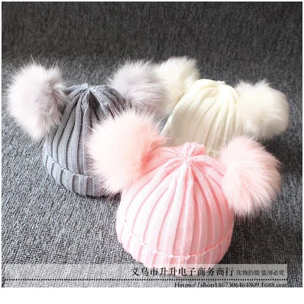 

earflap cap children's winter infant newborn baby kids faux fur wool hat beanie with two double pom pom for boys qylbpz, Yellow