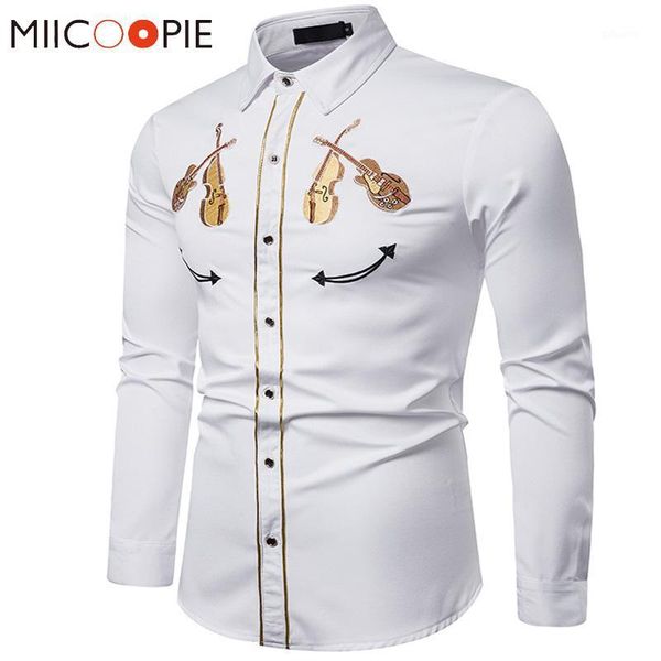 

embroidery white shirt 2020 luxury western cowboy violin pattern long sleeve social dress mens shirts casual slim fit streetwear1, White;black