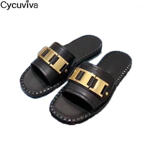 

women flip flops flat beach shoes slippers women metal decor summer flats 2020 runway shoes leather slides slippers1, Black