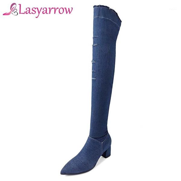

lasyarrow women blue denim boots over the knee thigh high boots knee 2020 high heels thick heel women shoes jeans boot q1431, Black