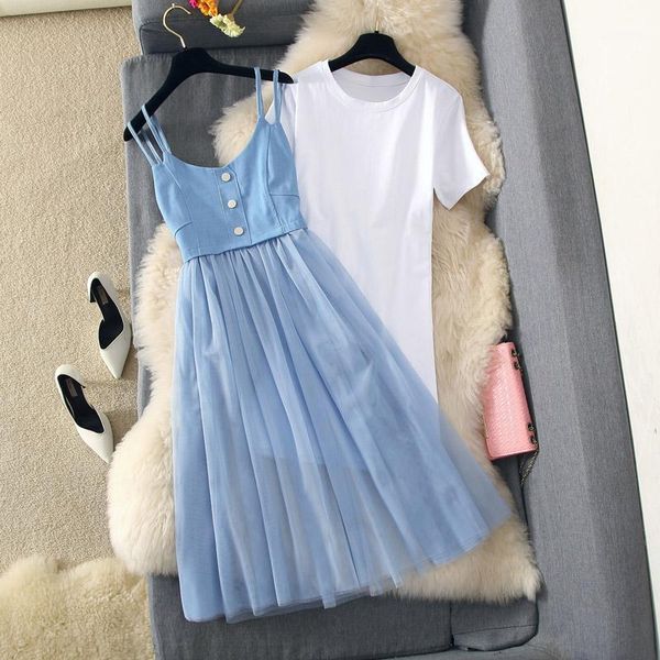 

women's two piece pants 2021 summer jean dress sets woman short sleeve long t-shirts +denim splice mesh sling suit womens dresses 2 set, White