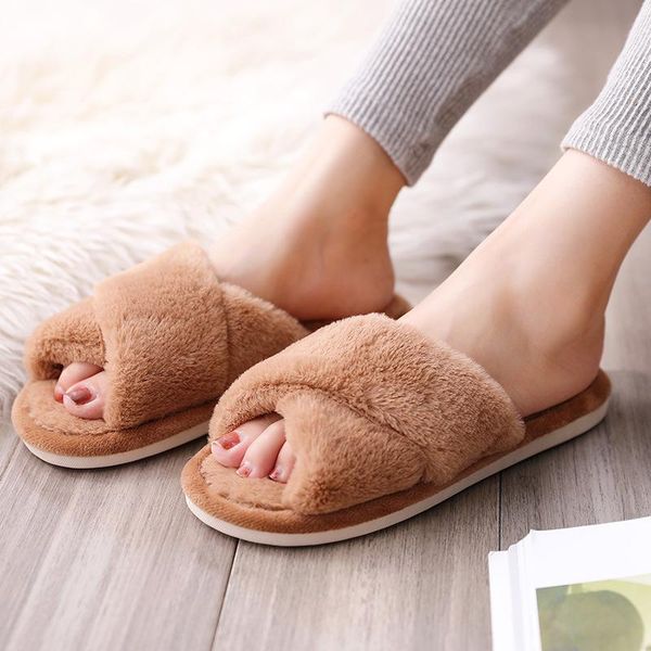 

fashion women warm winter house slippers faux fur shoes woman slip on flats female slides black pink cozy home furry slippers
