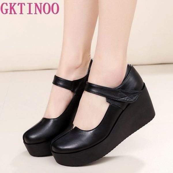 

gktinoo spring leather women pumps platform wedges round toes ankle strap black high heels women shoes y200113