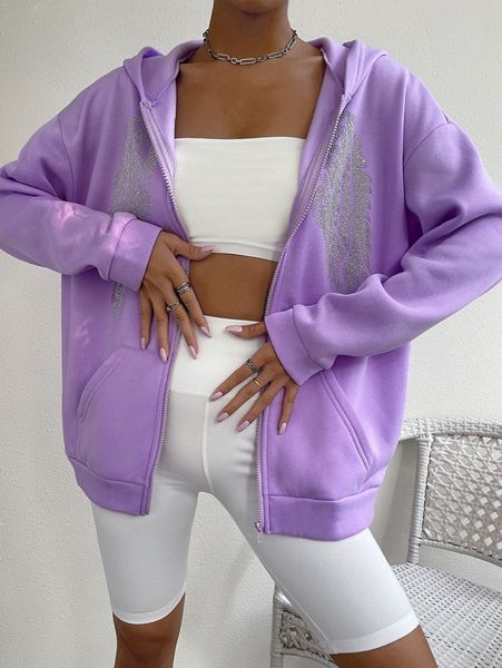 

rhinestone wings pattern drop shoulder hoodie x3xt#, White;black