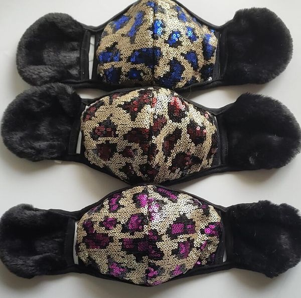 

kids winter mask leopard sequins fashion face masks with plush fleece fur earmuff sequined breathable facemask for outdoor ski e102301, Black;white