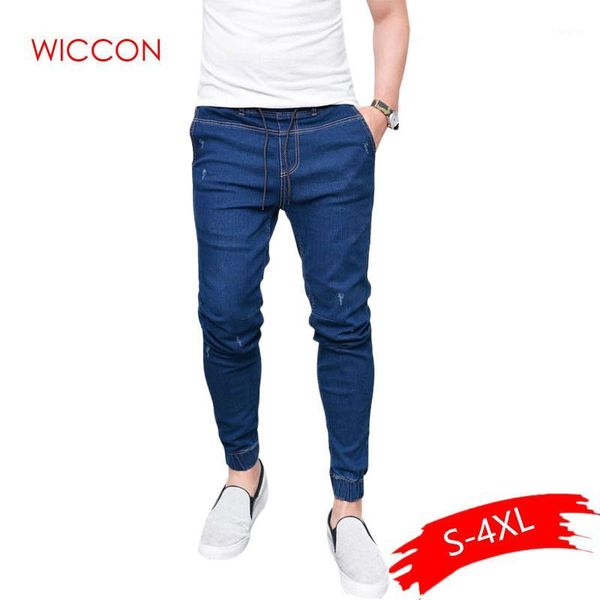 

2019 fashion men's harem jeans men light washed feet shinny denim pants hip hop sportswear elastic waist joggers pants1, Blue