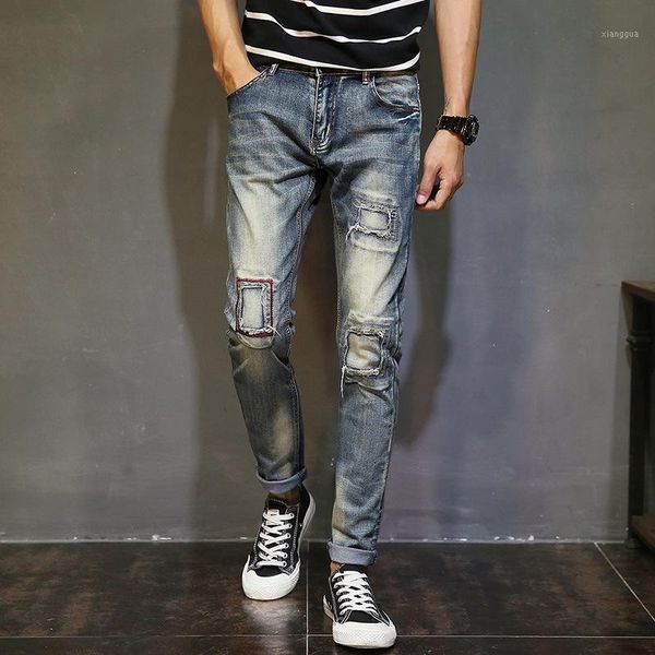 

stretchy ripped hole design denim skinny jeans distressed men nice spring autumn clothing good quality1, Blue