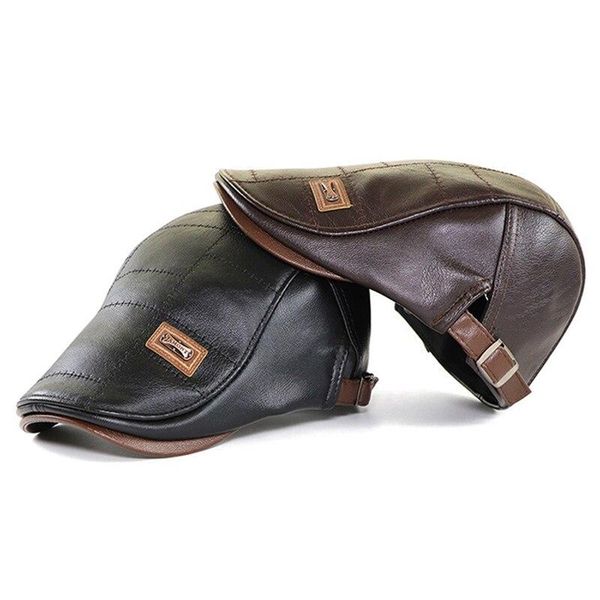 

2021 fall/winter men's pu leather peaked hat outdoor casual warm plus velvet beret hat, Blue;gray