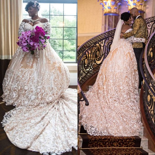 Plus Afrikanische Größe Hochzeit Kleid Lange Ärmel Spitze Applique Robe Mariage Handgemachte Weg Von der Schulter Vintage Vestido De Novia