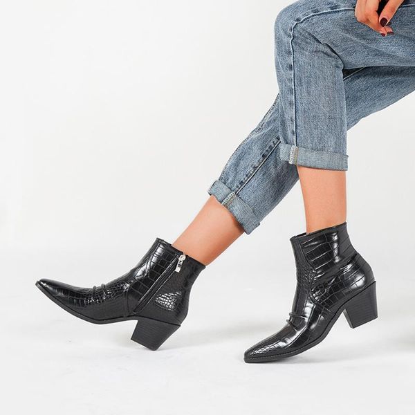 

boots shoes woman winter women fashion short tube high-heele snakeskin side zipper boot, Black