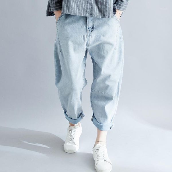 

johnature new women jeans pants spring summer solid color loose casual pockets simple joker female full-length harem pants1, Black;white