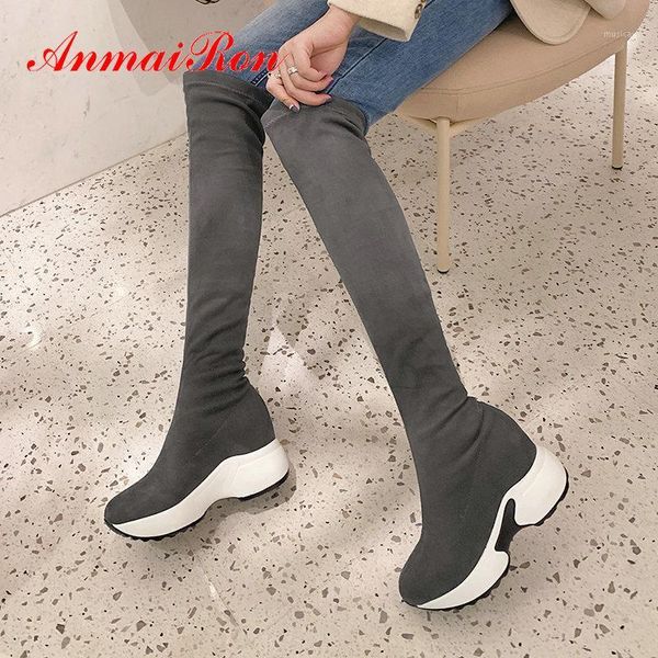 Anmairon 2020 Faux Lepede Slim Boots Over The Knee Women Boots Winter Round Toe Base на каблуках на каблуках.