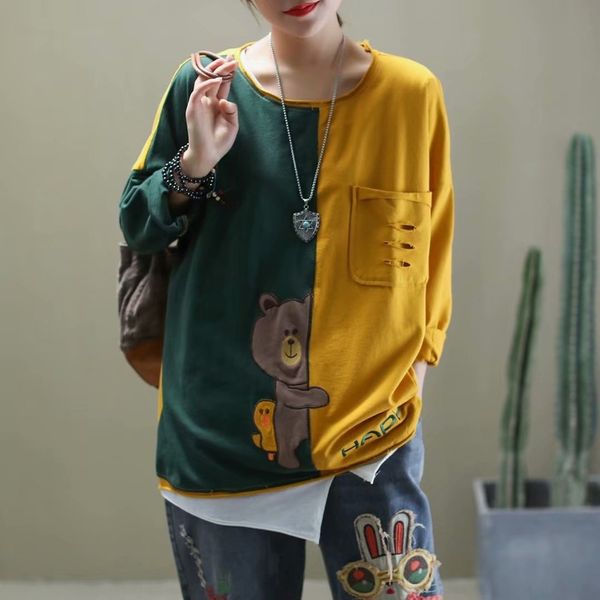 

ранняя весна шея новый патч вышитые экипаж футболка свободно негабаритный лоскутное универсальный рваный длинным рукавом embroideryembroider, White