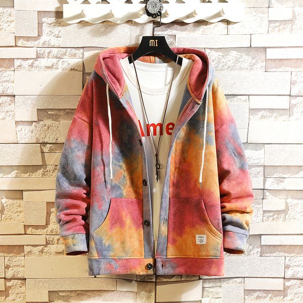 

2021 tie-dyed korean style men hoodies jacket autumn fashion men's hooded outerwear new colorful male a22b, Black;brown