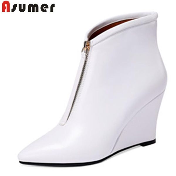 

boots asumer white fashion ankle for women pointed toe zip genuine leather wedges ladies prom autumn winter, Black