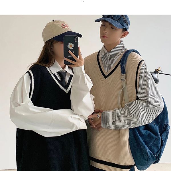 

men striped knitted sweater vest 2021 mens v neck harajuku korean fashions wool vest male streetwear black clothing, White;black