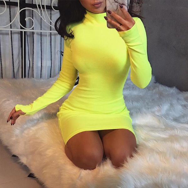 

зима осень яркие неоновые цвета платье с длинным рукавом тощий мини сексуальное платье партии водолазка ребристые vestidos femme дизайнер од, Black;gray