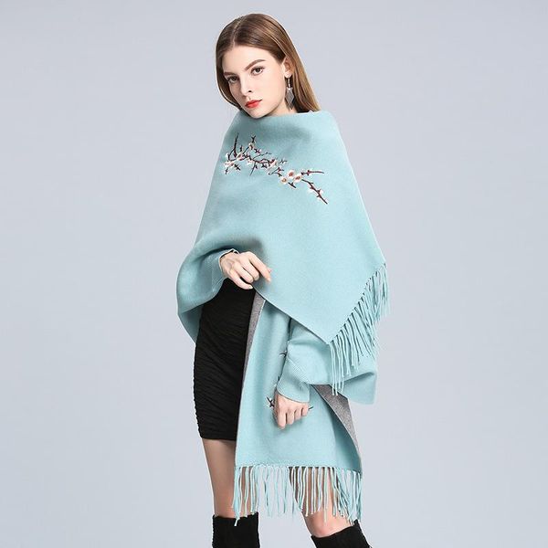 

brand new 2021 autumn winter women's both sides poncho cashmere cape tassel embroider blanket wrapped scarf shawl for women, Blue;gray