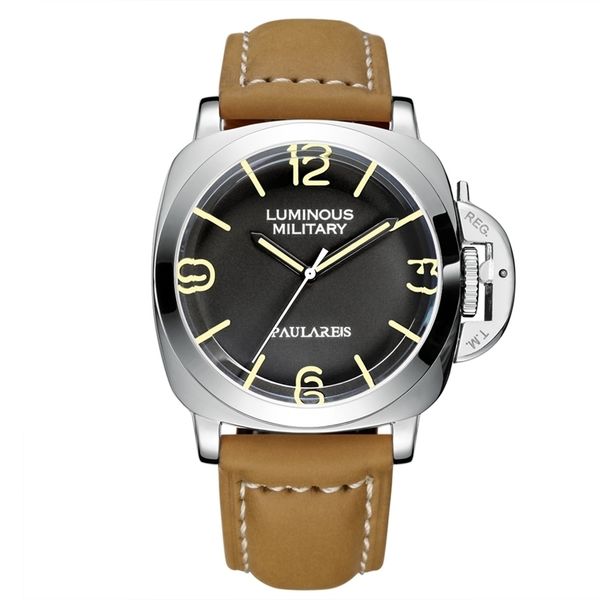 

automatic self wind mechanical genuine brown leather strap yellow green luminous 44mm luxury rose gold military men watch 220225, Slivery;brown