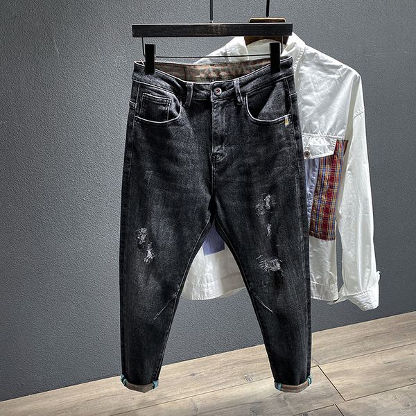 

2y new smoke grey jeans for mens autumn and winter youths slim and worn out capris good quality jeans wholesale, Blue