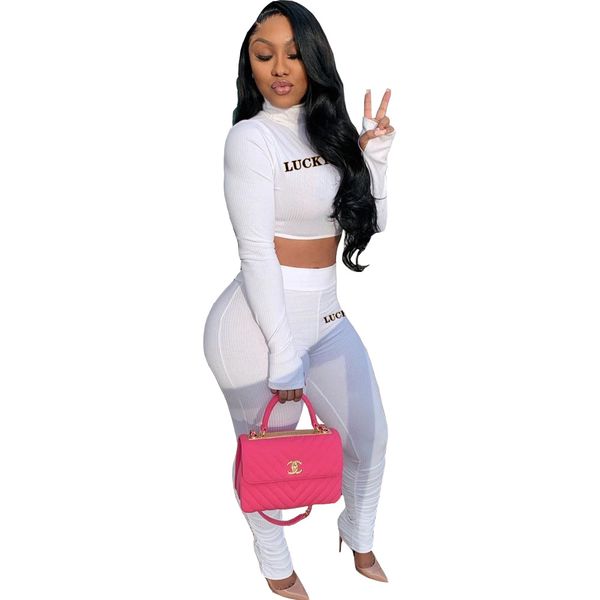 

letter solid color womens outsuits stand neck slim spring summer long sleeve women clothing 2 pieces, White