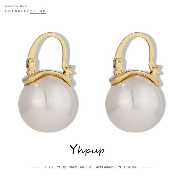

yhpup cute big pearls hoop earrings elegant fashion geometric copper ear ring jewelry for women party gift bijoux femme 2020, Golden;silver