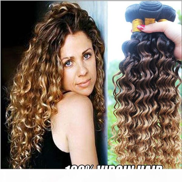 

8a honey blonde ombre hair extensions three tone brown blonde 1b 4 27 ombre indian deep wave virgin human hair weave bundles, Black