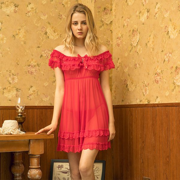 

2020 honeycomb underwear women's lace seductive one shoulder perspective pajamas nightdress, Black;white