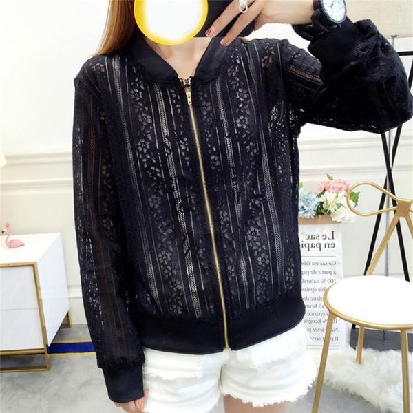 

lace sleeve women basic coats long sleeve lace patchwork transparent zipper casual slim jackets coat bomber jackets outwear j351, Black;brown