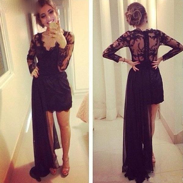 Schwarze Spitze Ballkleider Hohe Qualität V-ausschnitt Abnehmbarer Zug Spitze Lange Ärmel Abendkleider Partykleid vestidos de festa P33