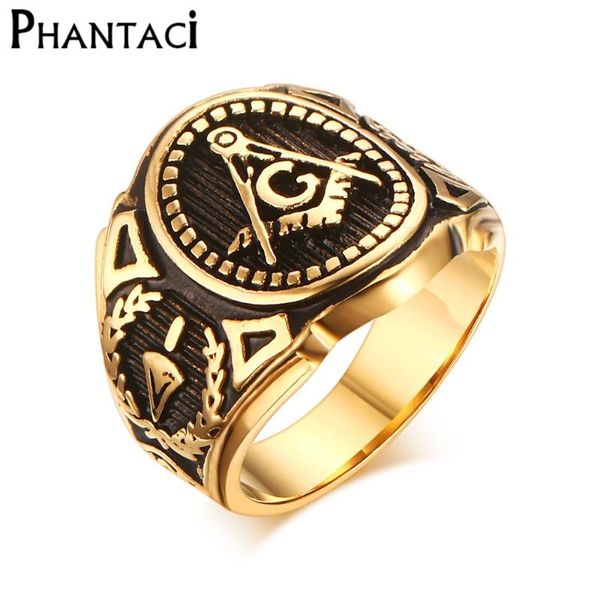 

2020 vintage 316l stainless steel men ring gold mason asonry masonic male retro punk black brand ring jewelry, Golden;silver
