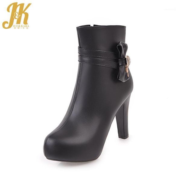 

boots jk women ankle crystal butterfly knot short plush shoes round toe platform footwear fashion high heels female shoes1, Black