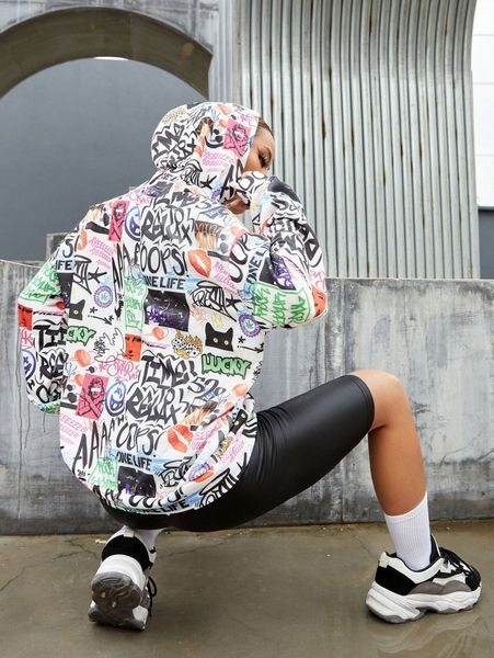 

graffiti print drop shoulder drawstring hoodie x5kp#, White;black