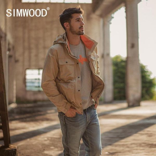

simwood 2020 autumn winter new hooded field jacket men fashion cargo jackets multi pocket outerwear contrast color coats 1904291, Black;brown
