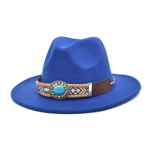 

spring new wide brim wool felt fedora hat with ethnic style belt buckle jazz trilby cap party hat, Blue;gray