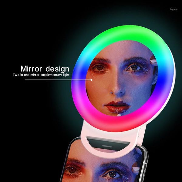

flash heads rgb selfie led mini ring light clip-on mobile phone round fill lamp with makeup mirror for cellphone usb rechargeable ringlight1