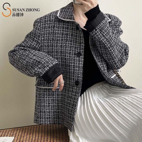 

women h-line short coat female ladies jackets tweed fabric lace trimming turn-up cuff delicate tailored stiff autumn winter1, Black;brown