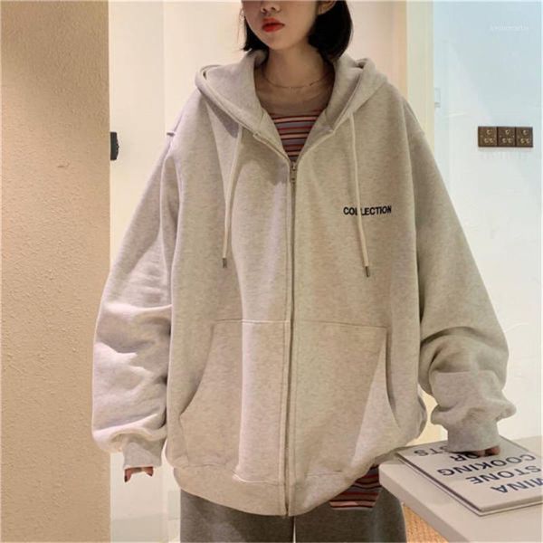 

2020 winter new simple letter plus velvet sweatshirt women loose korean version bf long wild zipper hooded sweashirt jackets, Black