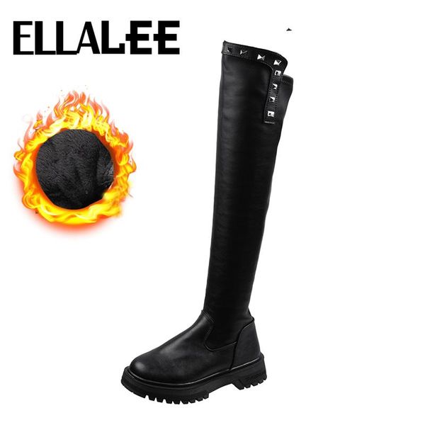 

knee high boots women pu upper chunky low heel round toe plush back zipper rivet black cool punk long elegant ladies boots